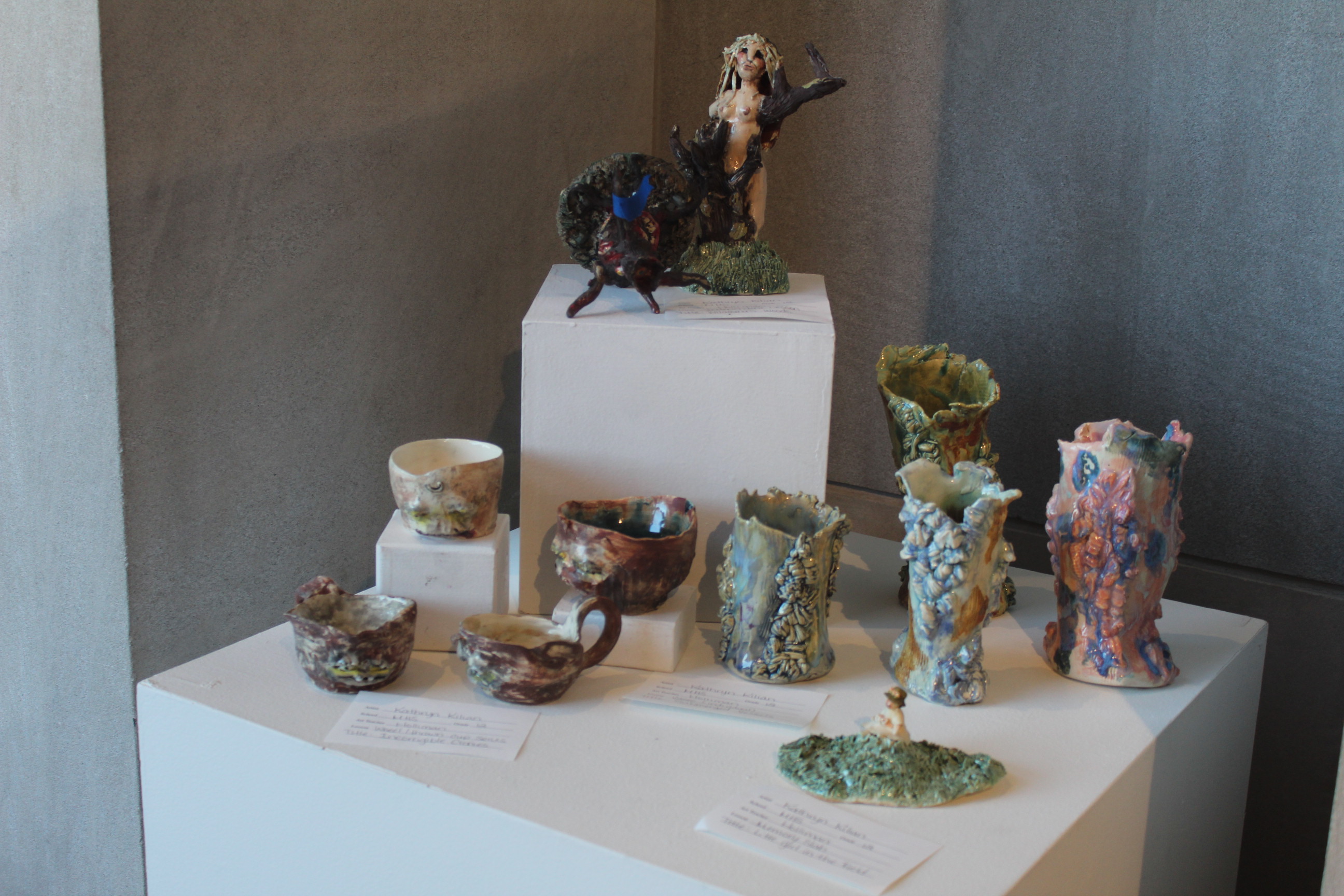 Student pottery on display in the gallery